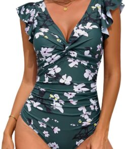 Badeanzug Damen Bauchweg Rüschen V Ausschnitt Bademode, Sexy Rückenfrei Curvy Swimsuit,Mode Blumenmuster Badeanzug Strandpool