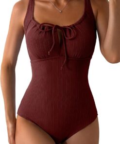 Dokotoo Damen Badeanzug Sexy Knoten vorne Bademode Bauchweg Texturiert Einteilige Strandmode Swimsuit S-XXL