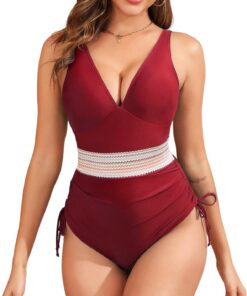 Badeanzug Damen Bauchweg Bademode Damen Sexy V-Ausschnitt One Piece Swimsuits Mit Bügel Swimwear Einfarbig Gestreiftes Design Schlank Machend Und Abnehmend