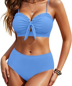 HORISUN Damen Hochtaillierter Bikini-Set, Zweiteiler Badeanzug mit Knotendetail vorne und Rüschenbesatz, Strand-Badebekleidung für Frauen