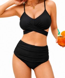 Bikini Damen Set Bauchweg Sexy High Waist Push up Zweiteiliger Badeanzug Oberteil V Ausschnitt Cross Verstellbar Lace Up Back Swimsuit S-XXL