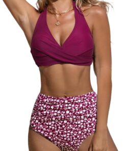 CUPSHE Damen Bikini Set High Waist Neckholder Wickeloptik Blumenmuster