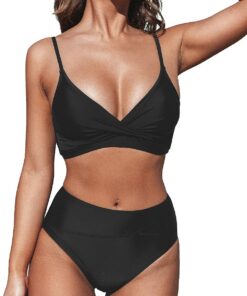 CUPSHE Damen Bikini Set Crossover Bustier High Waist Bikini Bademode Elegant Zweiteiliger Badeanzug Swimsuit | Verstellbare Spaghetti-Träger, weiche, abnehmbare Körbchen, bescheidener Badeanzug für Urlaub und Strand, Poolseite