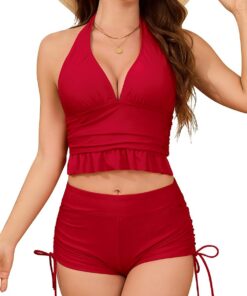 SHEKINI Damen Halter Deep V Bikini Top Kordelzug Swim Shorts Zwei Stück High Waisted Badeanzüge mit Jungen Short