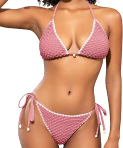 SHEKINI Damen Triangle Neckholder gewebtes häkel Bikini-Set, sexy Zweiteiliger Badeanzug mit Krawatte, süßer Shell-Badeanzug