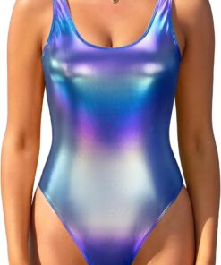 SHEKINI Damen Einteiliger Bauchweg Badeanzug Tiefen U Rückseite Glänzend Bademode Slim Bodysuit Monokini Swimsuit