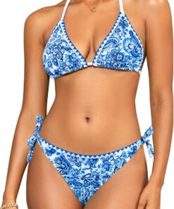 SHEKINI Damen Triangel Schnürschuh Bikini Set Badeanzug Rückenfrei Strandkleidung Boho Bedruckter Zweiteiliger Bademode