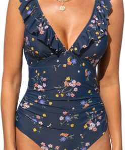 CUPSHE Badeanzug Damen V Ausschnitt Rüschen Monokini Bauchweg | Volants,Bauchweg Raffung,Bequeme Passform,Mittlere,Für Strand und Pool