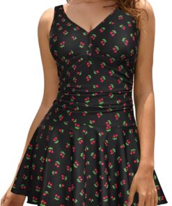SHEKINI Damen Einteilige Badeanzug V-Ausschnitt Elegant Badeanzugkleid Badekleid Schwimmrock Retro Ruched Bauchweg Schwimmkleid Baderock Tankini