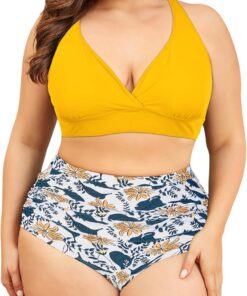 PONCEAU Bikini Damen Set Bauchweg High Waist - Push Up Bikini Oberteil für Große Brüste V-Ausschnitt Große Größen Plus Size Curvy Bademode