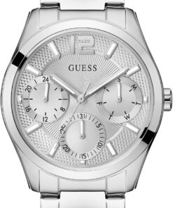 GUESS Damen Armbanduhr ZOE mit Zirkonia, silberfarbenes Edelstahlarmband, Mineral Glas, silbernes Ziffernblatt, 5 Bar, Gehäusedurchmesser: 38 mm, GW0760L1