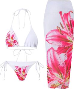ZAFUL 3pcs Damen Bikini Sets Tropische Blumen Halter Triangle Bikinioberteil Tie-Seite Bikinihose Badeanzug mit Lange Sheer Sarong Strandkleider