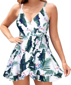 SHEKINI Einteiliger Badeanzug Damen Badeanzugkleid V-Ausschnitt Kreuz Seite Ties up Schwimmkleid Verstellbarer Schultergurt Ruched Elegant Rüschen Saum Badekleid