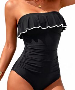 Holipick Badeanzug für Damen, trägerlos, einteilig, mit Bauchkontrolle, Bandeau-Stil, Rüschen und figurformender Bademode | Rüschendetails, Bauchkontrolle, abnehmbare Träger, Bandeau, süßer Look für Strand, Pool, Resort, Kreuzfahrt