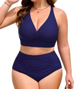 Bikini Damen Set Große Größen Bauchweg High Waist Bikini V-Ausschnitt Zweiteiler Bademode mit Cups Plus Size Swimsuits Sommer Strand