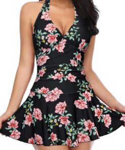 SHEKINI Damen Einteiliger Badeanzug V-Ausschnitt Neckholder Badekleid Mit Brustpolster Bauchweg Große Größe Badeanzugkleid Baderock mit Shorts