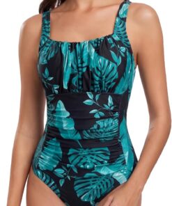 Damen Einteilige Badeanzug Vintage Ruched Einteilige Bademode Swimsuit 1 Piece Badebekleidung Retro Ruched Bauchweg Badekleid