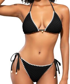 SHEKINI Damen Triangle Neckholder gewebtes häkel Bikini-Set, sexy Zweiteiliger Badeanzug mit Krawatte, süßer Shell-Badeanzug