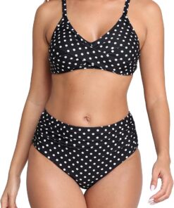 Halcurt Bikini Damen Set Raffung Bauchweg Zweiteiliger Badeanzug S-XL | Verstellbare Träger V Ausschnitt Bikini Oberteil, Hohe Taille Ruchung Bikinihose, Gepolsterter BH, Schnell Trocknend