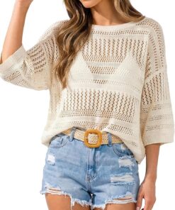 CUPSHE Damen Strandtunika Häkel Oberteil Bikini Cover Up Netzshirt Überwurf Halbarm Lockerer Sommer Strandpullover