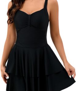 Halcurt Badekleid Damen mit Cups Raffung Bauchweg Badeanzug S-XXL | Vertellbare Träger, Eingebaute badehose, Atmungsaktiv, Schnell Trocknend, Geraffte Seite Einteiliger Schwimmkleid
