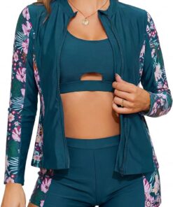 SHEKINI 3-teiliges Damen Rash Guard Tankini Set, Langarm Schwimmshirt mit Reißverschluss, Bikinioberteil, Badeshorts