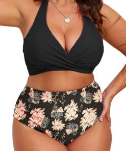 CheChury Damen Große Größen Bikini Set Neckholder Crossover Bikini Bademode V Ausschnitt Bauchweg Raffungen Zweiteiliger Badeanzug Swimsuit mit Schnürung am Rücken