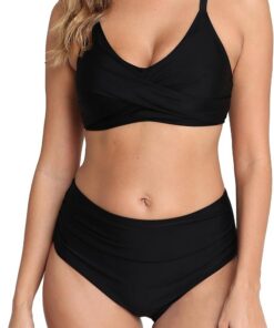 Halcurt Bikini Damen Set Raffung Bauchweg Zweiteiliger Badeanzug S-XL | Verstellbare Träger V Ausschnitt Bikini Oberteil, Hohe Taille Ruchung Bikinihose, Gepolsterter BH, Schnell Trocknend