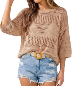 CUPSHE Damen Strandtunika Häkel Oberteil Bikini Cover Up Netzshirt Überwurf Halbarm Lockerer Sommer Strandpullover