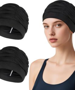 Kiiwah 2 Stück Badekappe Damen, Atmungsaktiv Schwimmkappe Elastische Polyester-Stoff Schwimmhaube für Frauen Dicke Lange Haare Sommer, Strand, Urlaub, Hallenbad(Schwarz Lila