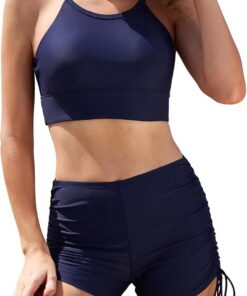 SHEKINI Damen 2-teilige Badeanzüge Crisscross Bikini Top Bauchkontrolle Seite Krawatte Boyshorts
