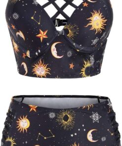 JMSUN Damen Bikini Sommer Badeanzug Sonne Stern Mond Gitter Hohe Taille Tankini Badeanzug