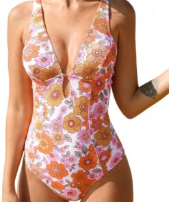 CUPSHE Badeanzug Damen Tiefer V Ausschnitt Strukturmuster | Schlüsselloch Detail, Zierausschnitte,Blumenmuster, Figurformend, Für Strand und Pool,Bademode Swimsuit