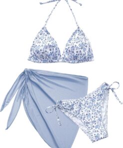 Bikini Damen Set 3 Teiliger Triangel Bikinis Push Up Neckholder Sexy Push Up V Ausschnitt Bademode mit Rock Swimsuit Set