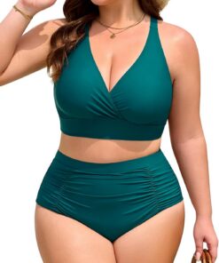 Bikini Damen Set Große Größen Bauchweg High Waist Bikini V-Ausschnitt Zweiteiler Bademode mit Cups Plus Size Swimsuits Sommer Strand