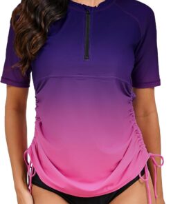 Halcurt UV Shirt Damen Kurzarm Rash Guard 1/4 Zip UPF 50+ Badeshirt S-XXL | Sonnenschutz Schwimmshirt, Verstellbare Seitenbänder, Schnell Trocknender, Atmungsaktiv, Nur Schwimmoberteil, Raglan Ärmel
