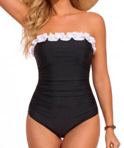 Smismivo Trägerlos Badeanzug Damen Bauchweg Shape Einteiliger Badeanzüge Push Up Bademode Strapless Swimsuits Rüschen Vintage Schwimmanzug