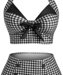 DRESSFO Women's Bikini Set Halter Two Piece High Waisted Swimsuit Plaid Retro Tummy Control Tankini Bathing Suit