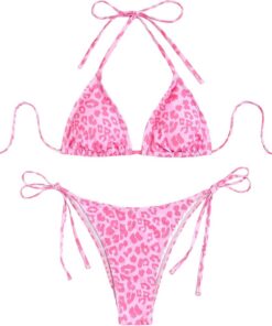 ZAFUL Damen Halter Trangle Bikini Set Tie-Side Cheeky Texture/Floral/Leopard Druck Zweiteiliger Badeanzug Bademode