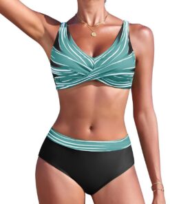 Nadeer Damen Bikini Set High Waist Zweiteiliger Badeanzug Elegant Crossover Bustier Bademode V Ausschnitt Push Up Swimsuit