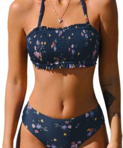 CUPSHE Damen Bikini Set Neckholder Rüschen Gesmokter Abnehmbare Träger