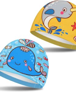 2 Stück Badekappen für Kinder,Kinder Niedliche gedruckt Badekappen Karikatur Badekappe Elastisches Polyester Badekappe für Jungen Mädchen im Alter für 1-8 Jahren