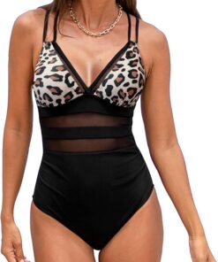TcIFE Badeanzug Damen Bauchweg – Einteilig Schwimmanzug Monokini | V-Ausschnitt, Sheer Netzstoff, Push-Up Bademode Swimsuit