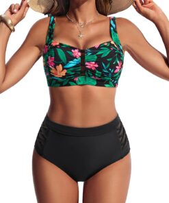 Hanna Nikole Bikini Damen Set, Hohe Taille Bauchweg Badeanzug, Push Up Zweiteiler Bademode, Brust Ausschneiden Sexy Bikinis, Plissierte Elegante Strandmode, Schwimmanzug mit verstellbaren, gekreuzten
