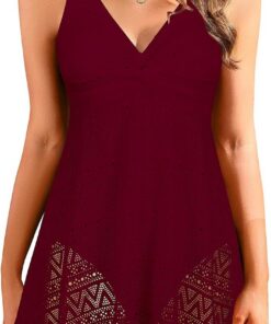 SHEKINI Einteilige Badeanzug Damen Bauchweg Elegant Badeanzugkleid Fließender Schwimmkleid mit Spitze V-Ausschnitt Badekleid Bademode Badeanzug mit Rock Swimsuits