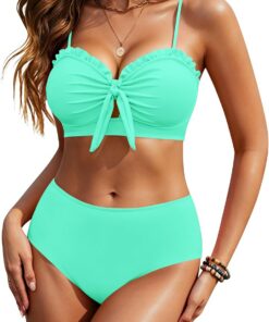 HORISUN Damen Hochtaillierter Bikini-Set, Zweiteiler Badeanzug mit Knotendetail vorne und Rüschenbesatz, Strand-Badebekleidung für Frauen