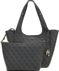 GUESS Schultertasche Shopper Calista 2 in 1 Tote Coal Logo dunkelgrau