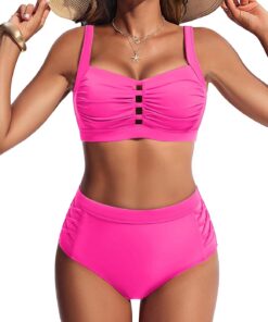 Hanna Nikole Bikini Damen Set, Hohe Taille Bauchweg Badeanzug, Push Up Zweiteiler Bademode, Brust Ausschneiden Sexy Bikinis, Plissierte Elegante Strandmode, Schwimmanzug mit verstellbaren, gekreuzten