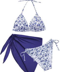 Svanco Cute Bikini Damen Set 3 Teilig mit Blumenmuster - Triangle Neckholder Oberteil, Unterteil Seitlicher Schnürung und Wrap Rock