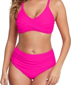 Halcurt Bikini Damen Set Raffung Bauchweg Zweiteiliger Badeanzug S-XL | Verstellbare Träger V Ausschnitt Bikini Oberteil, Hohe Taille Ruchung Bikinihose, Gepolsterter BH, Schnell Trocknend
